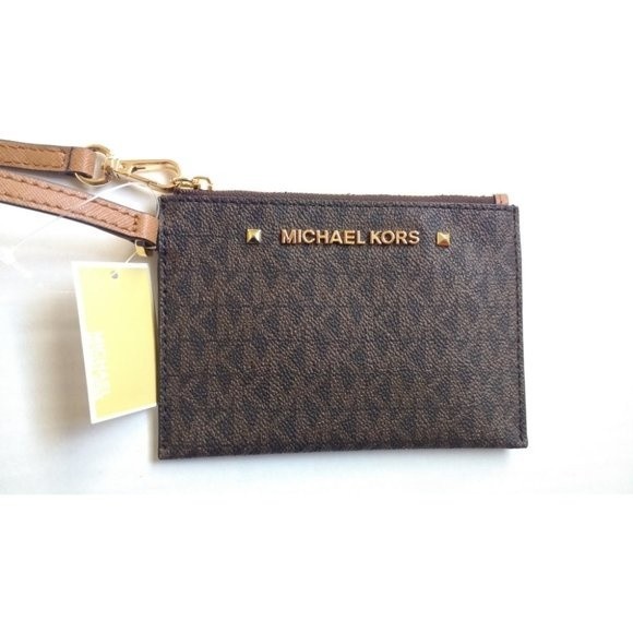 New! MICHAEL KORS MK Logo Karla Brown Wristlet With Strap Zip-Top - Picture 7 of 8
